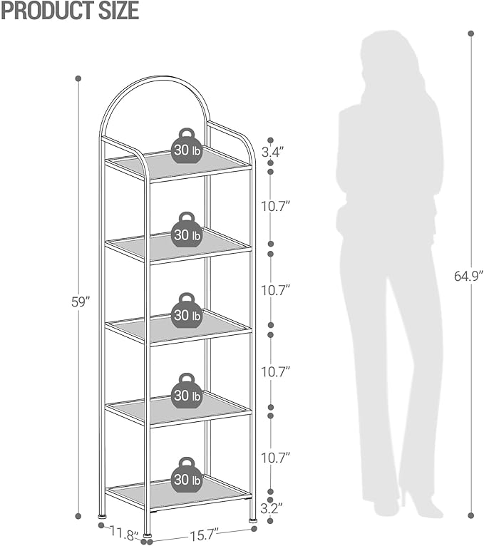 Hzuaneri Bookcase Bookshelf, Tempered Glass Bookshelves, Slim Shelving Unit for Bedroom, Bathroom, Home Office, Steel Frame, 5 Tier White BC05099W