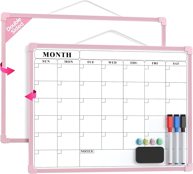 MaxGear Monthly Calendar Dry Erase Board for Wall, 16"x12" Small Hanging Double-Sided White Board, Portable Whiteboard for Planning, Drawing, Memo, to Do List, School, Home, Office, Pink Frame
