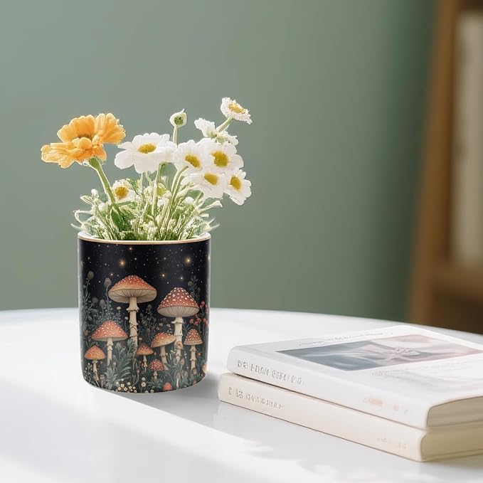 WAVEYU Cute Pen Pencil Holder for Desk, Durable Ceramic Organizer Decor for Room, Office, Classroom, Mushroom Pattern