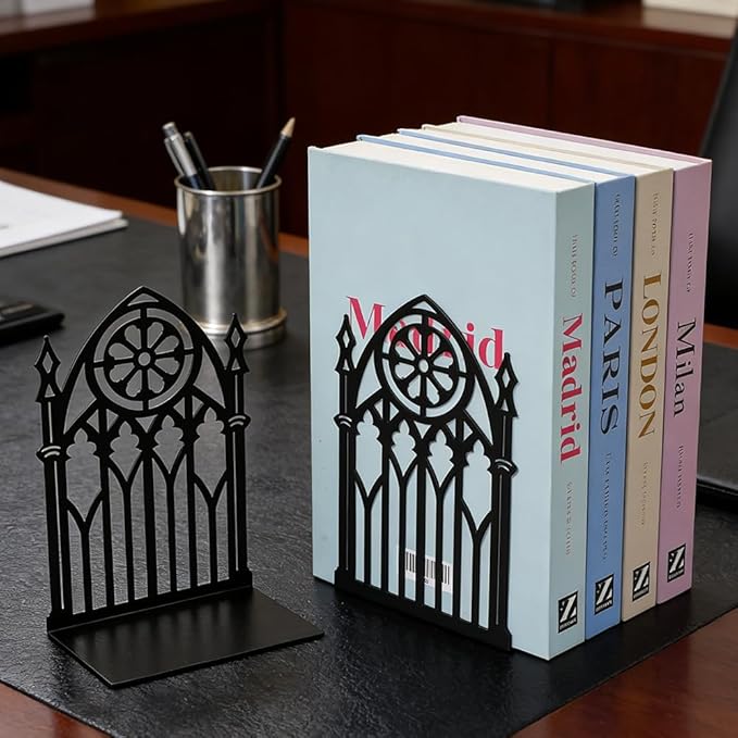 Book Ends, Bookends, Book Ends for Shelves, 2Pair Non Skid Metal Book Divider Decorative Holder, Abstract Art Desgin Book Stopper Supports for Office, Home (3 Pairs Gothic Bookends)