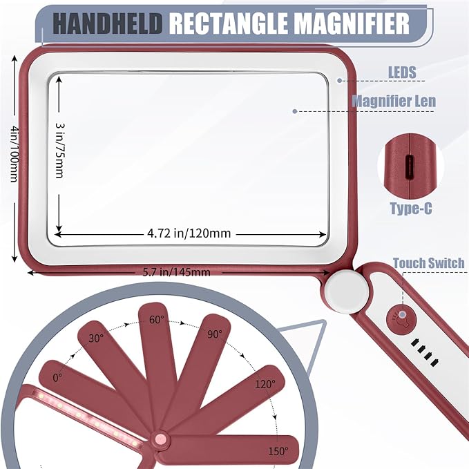 Magnifying Glass for Reading, Rechargeable 5X Large Page Magnifier with Light, Folding Handheld Dimmable Rectangle Lighted Magnifier for Reading Book Small Print for Seniors Low Vision, Red White