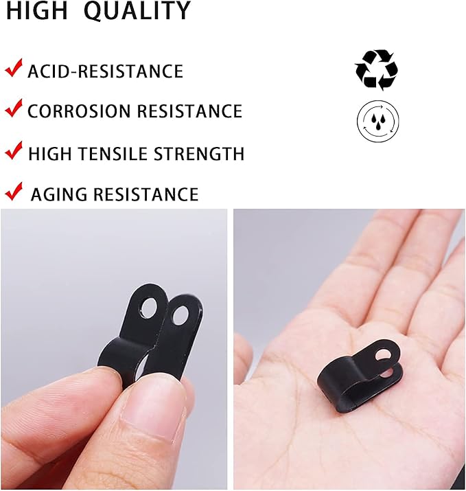 mankk 100PCS 3/8 Inch Rope Light Clips P-Style Mounting Clips Plastic Cable Clamps with Compatible Stainless Steel Pan Head Phillips Screws for Wire Management M-032-BK-LS