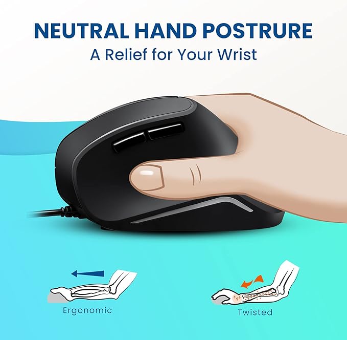 Perixx PERIMICE-515II Wired Ergonomic Vertical Mouse - 1000/1600 DPI - Right Handed Natural Ergonomic Vertical Design