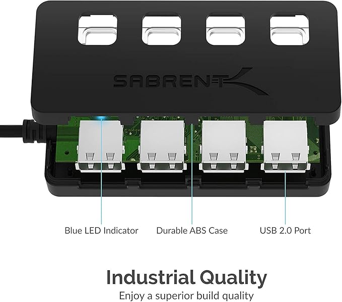 SABRENT 4 Port USB 2.0 Data Hub with Individual LED lit Power Switches [Charging NOT Supported] for Mac & PC (HB-UMLS)