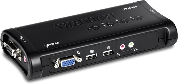 TRENDnet 4-Port USB KVM Switch Kit with Audio, TK-409K, Control Up to 4 Computers, Windows, Linux, Mac OS Compliant, 2048 x 1536 VGA Resolution, NDAA & TAA Compliant, KVM Cables Included, Black