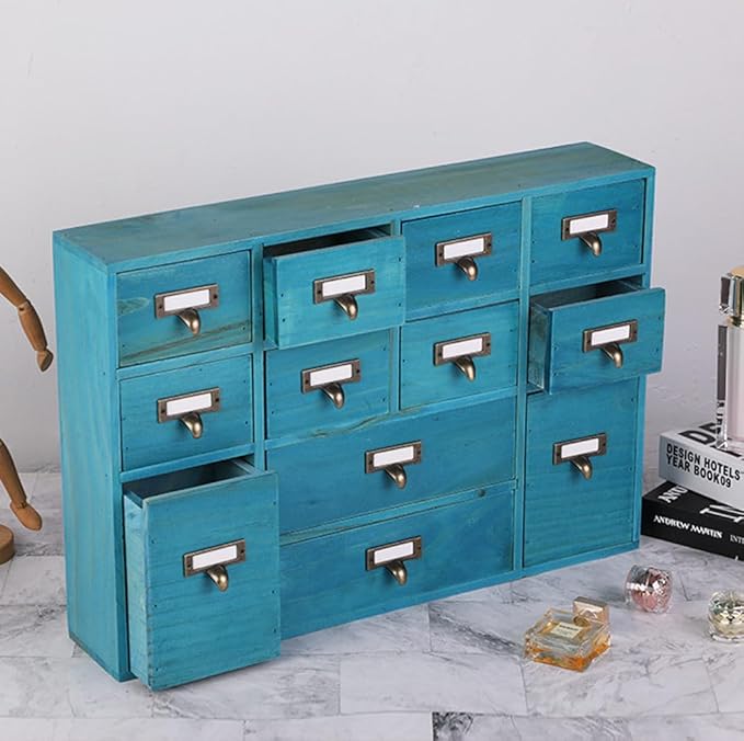 12 Drawers Apothecary Cabinet with Drawers Tabletop Apothecary Drawers Library Card Catalog Cabinet Medicine Cabinets Wood Desk Organizer Wooden Storage Box (Blue)