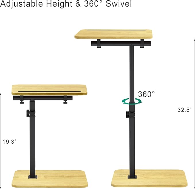360° Swivel Sofa Side Table for Couch - Set of 2 - Adjustable Height Laptop Table for Work, TV Trays Table for Snacks Reading fits Bed Chair with Phone & Tablet Slot