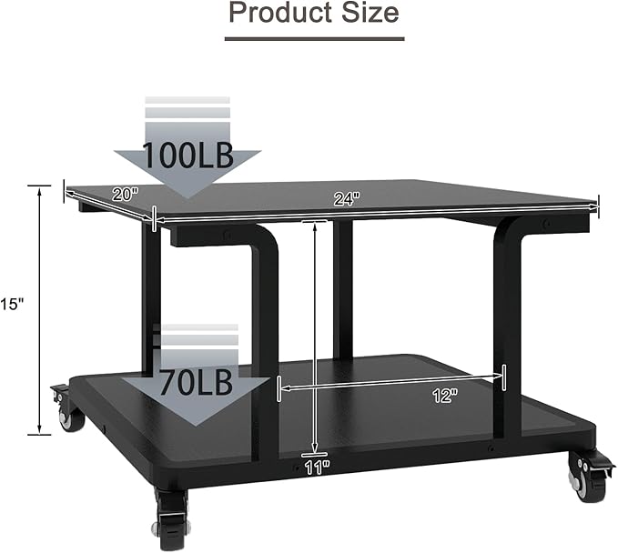 Natwind 2 Tier Laser Printer Stand,24''x20''x15'' Large Printer Table Copier Stand Under Desk,Heavy Duty Rolling Cart with Paper Storage Shelf,Printer Holder on Wheels for Home Office (Black)