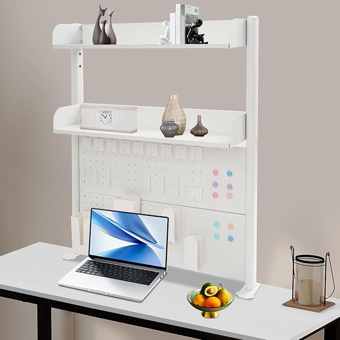 32"W Clamp on Desk Shelf with Pegboard, Adjustable Desk Organizer Shelf Desktop Storage Shelves for Home Office Dorm Gaming Desk, Space Saving Tabletop Display Rack Organization (32*5*37.4in)
