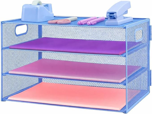 3 Tier Lettrer Tray Organizer, Metal Mesh Desk File Organizer with Sliding Trays, Paper Sorter Desk Organizer for Home Office School, Blue