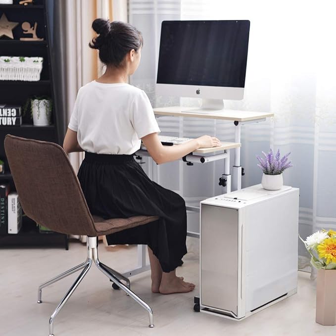 sogesfurniture Mobile Standing Desk, Portable Stand Up Desk, Small Adjustable Standing Desk Converter with Wheels Home Office Workstation, Rolling Desk Laptop Cart for Standing or Sitting, Oak