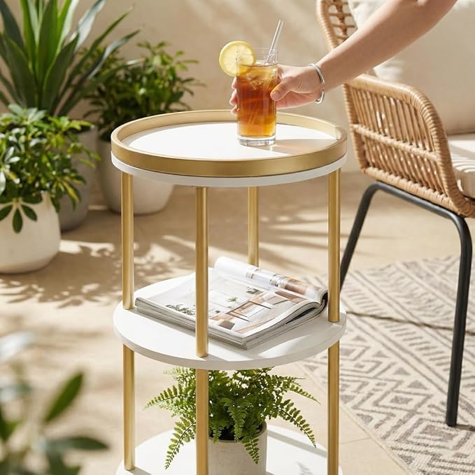Small Round Side Table, Gold Round End Table with White Shelves, 3-Tier Modern Nightstand for Bedroom & Living Room, 21.7" H Narrow Gold Accent Table for Small Spaces, Dorm, Nursery (White & Gold)