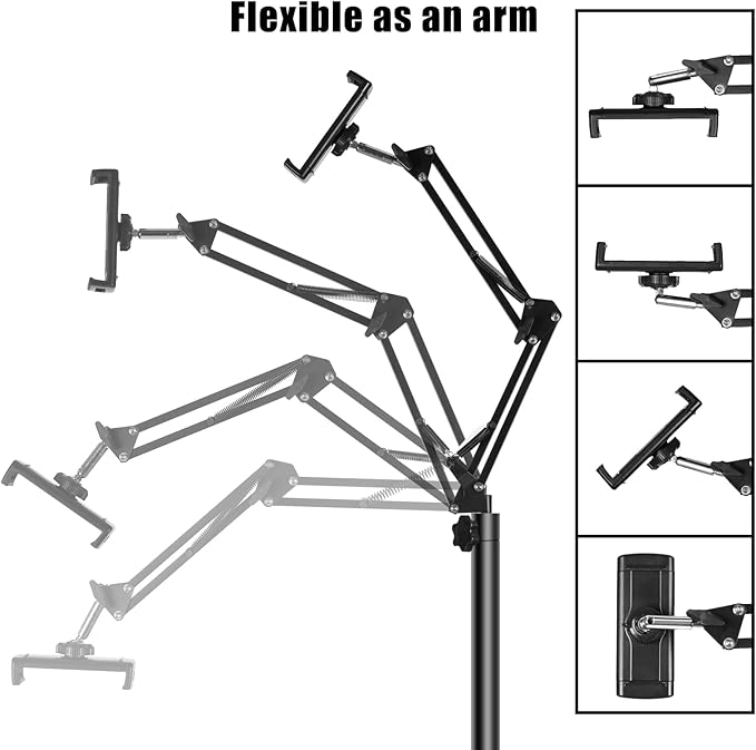 Lucky Trip Tablet Floor Stand with Double Heavy Duty Stable Base Never Tip Over, Adjustable Height Swivel Overhead Bed Tablet Phone Stand Holder for iPad, Kindle, Galaxy Tab, Cell Phones(4.7''-13'')