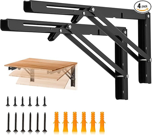 JOY DECOR 16 Inch Heavy Duty Folding Shelf Brackets, 4 Pack (2 Pairs) Collapsible Wall Mounted Brackets for Fold Down Table, Stainless Steel Folding Table Hinge, Matte Black