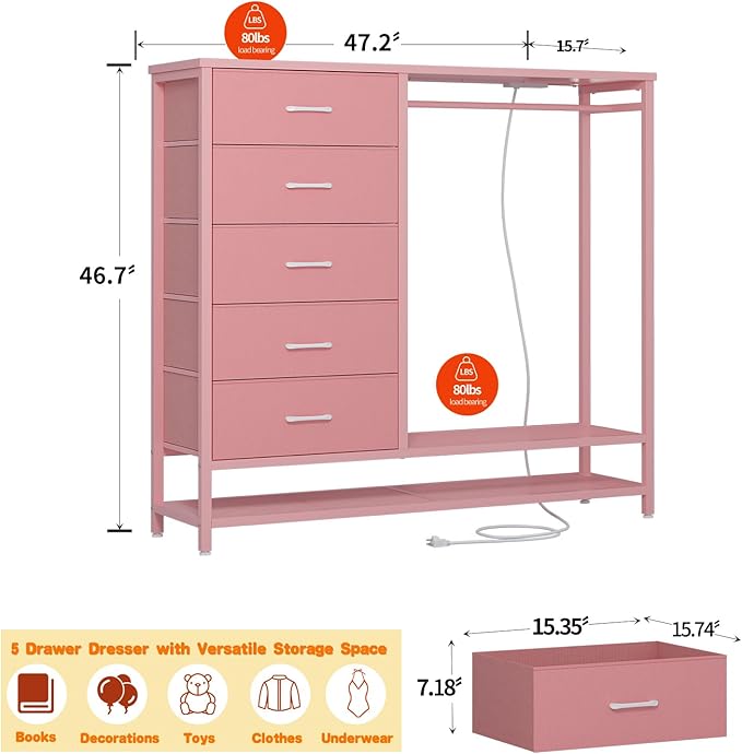 Dresser for Bedroom, Dresser with Hanging Rack Led Lights and Charging Station, Tall Dresser with 5 Fabric Chest of Drawers with PU Finish Storage Organizer, for Living Room Kids Room Closet, Pink