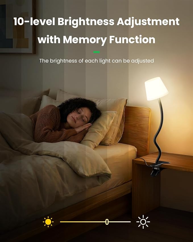 Clip on Light, Reading Light for Bed, RGB Lamp, Dimmable Desk Lamp with Clamp, College Dorm Room Essentials, Cute Bedside Night Light for Kids Headboard, Adapter Included Black