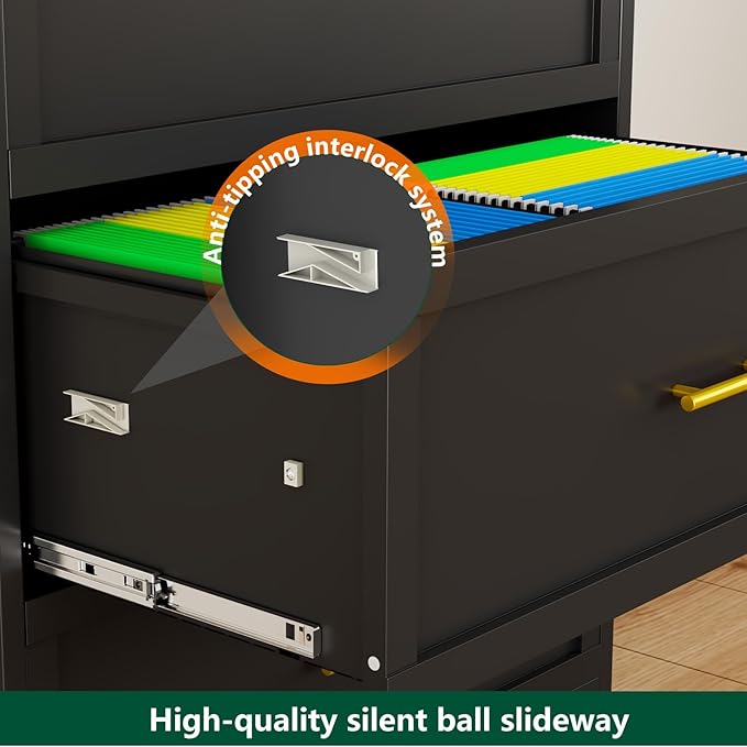 winiowa 3 Drawer File Cabinet, Metal Lateral File Cabinet with Lock, Locking Filing Cabinets for Home Office,Wide Office Storage Cabinet for Hanging Files Letter/Legal/F4/A4 Size (Black, 3-Drawer)