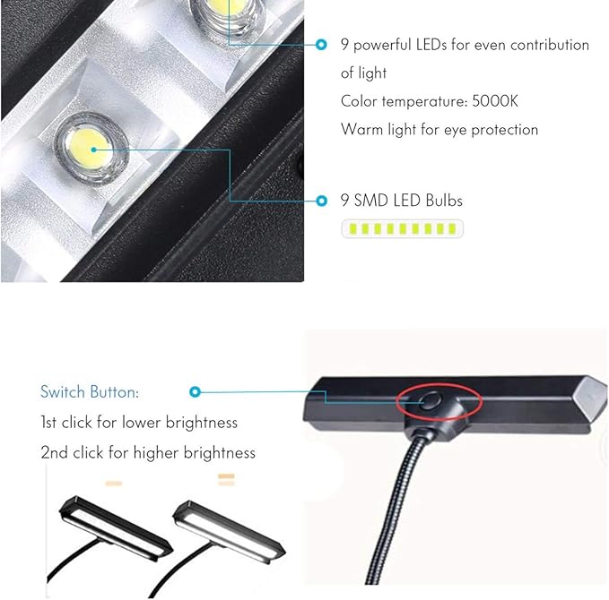 Lightess Dimmable Music Stand Lights Clip on Book Light Piano LED Reading Lamp USB Desk Lamp, Black