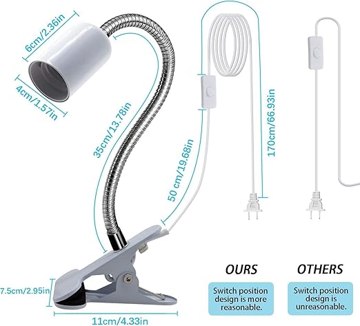 Clip on Lamp Holder, White Clamp Light Socket, Clip on Desk Lamp, E26 Book Clamp Light Fixture, 360° Flexible Gooseneck Lighting, E27 Bulb Holder with 7 Ft Plug and Switch, for Bedside
