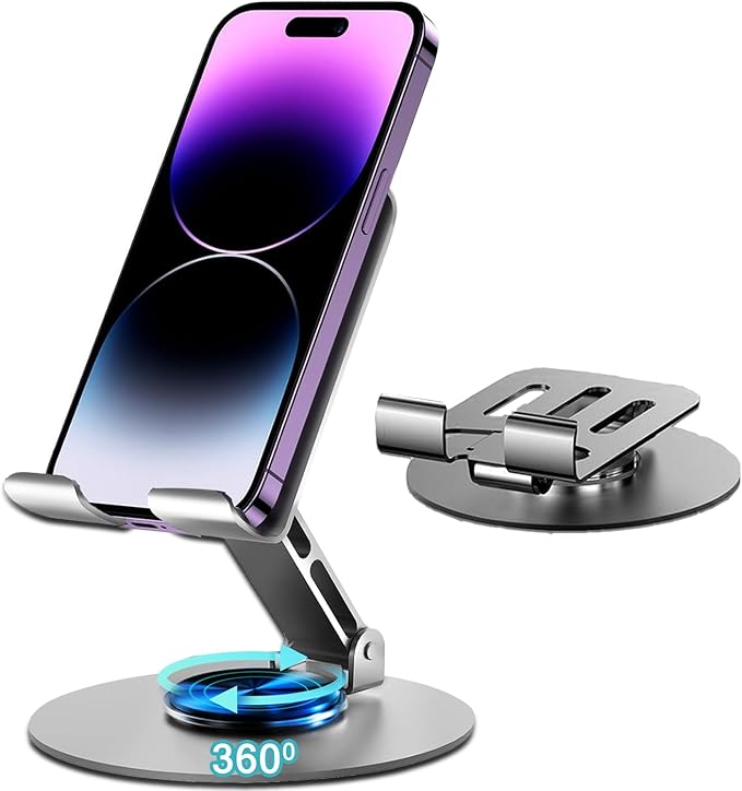 Desktop Phone Holder, Metal Cell Phone Stand for Desk, Fully Adjustable/Foldable/360 Degree Rotating Phone Cradle Dock for iPhone iPad and More Cellphone/Tablet/Switch-Silver Grey