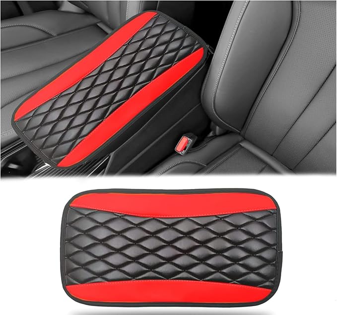 Moly Magnolia Car Center Console Cushion Pad, Universal Leather Waterproof Armrest Seat Box Cover Protector,Comfortable Car Decor Accessories Fit for Most Cars, Vehicles, SUVs (Red)