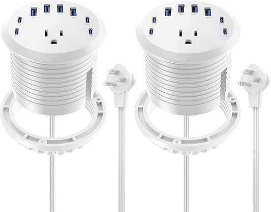Jgstkcity 65W USB-C Hidden Desktop Power Grommet: 1 AC Outlet,8 USB Charging Ports,3'' Hole Flush Mount Pop-Up Power for Conference Tables & Nightstands (Whtie, 6 FT - 2PCS)