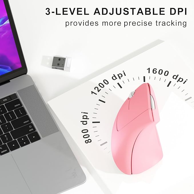 Left Handed Mouse,Left Handed Ergonomic Mouse, 2.4G USB Wireless Left Handed Vertical Mouse, Adjustable DPI(800/1200/1600),6 Buttons for PC,Mac,Laptop,Windows,Desktop – Pink