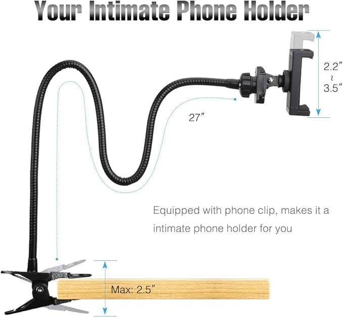Webcam-Stand-Mount Phone Camera Desk-Clamp-Holder - 27 Inch Flexible Gooseneck Arm Mount Stand for Phone Gopro Hero Webcam C922 C930 C930e C920 Brio 4K C615 C922x C925e C920s C270 C310