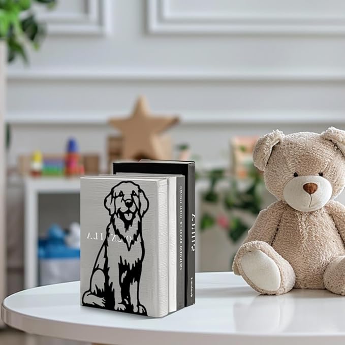 Peacoblue Metal Bookends for Shelves, Modern Decorative Heavy Duty Study Book Support Stoppers for Office, Desk, Shelf, Room 5.3"x4.3"x7.9" Cast Iron Simple Tall Bookends, 1 Pair (Golden Retriever)