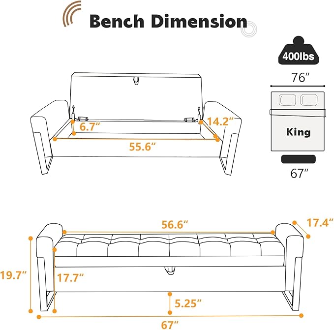 67" End of Bed Storage Bench King Size, Bench for Bedroom Foot of Bed, Upholstered Teddy Storage Ottoman with Gold Legs for Window Living Room, Teddy Black