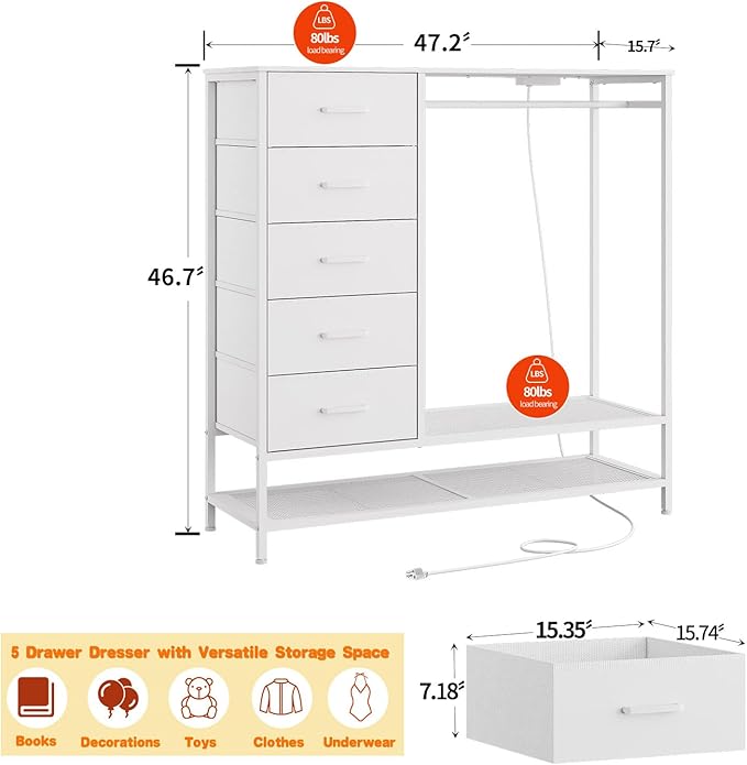 Dresser for Bedroom, Dresser with Hanging Rack Led Lights and Charging Station, White Bedroom Dresser with 5 Fabric Chest of Drawers with PU Finish Storage Organizer, for Living Room Hallway, White
