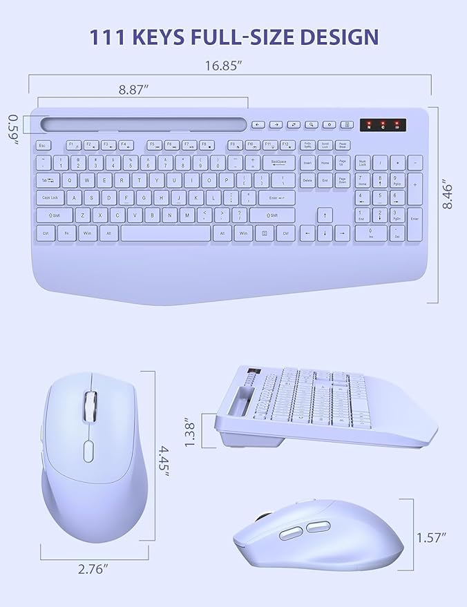 SABLUTE Wireless Keyboard and Mouse, Wrist Rest, Phone Holder, Batteries Included, 2.4G Lag-Free Ergonomic Keyboards Mouse Combo, KM23D Silent Keyboards Set for Computer, Laptop, PC, Windows, Purple