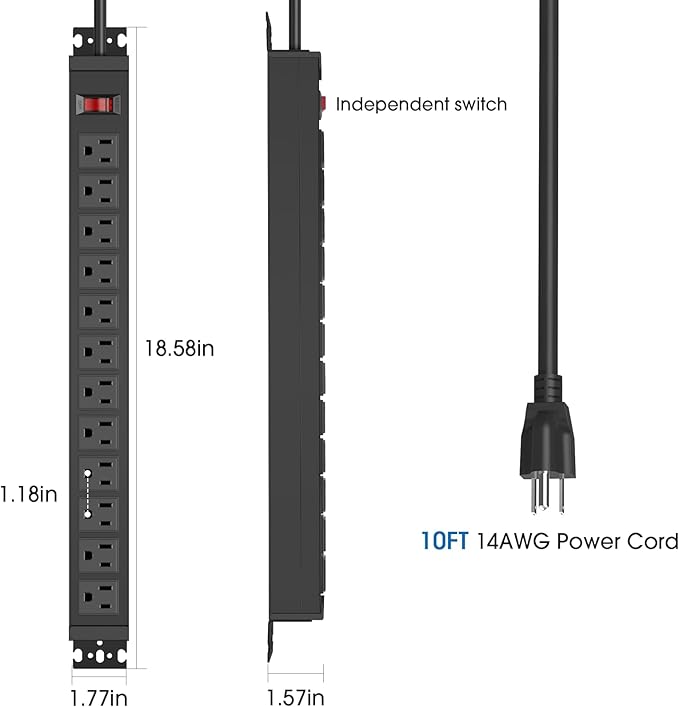 HHSOET 2 Pack Rotating Mountable Power Strip, 12 Outlet Wall Mount Surge Protector,1200J, Metal Heavy Duty and Versatile Outlet Strip, Stylish Appearance, Sturdy and Durable, 10ft Power Cord.(Black)
