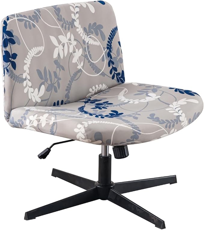 Armless Chair Slipcover Stretch Criss Cross Chair Cover, Mid Back Wide Seat Accent Chair Covers,Modern Vanity Chair Cover for Office Desk (Blue White Leaves)