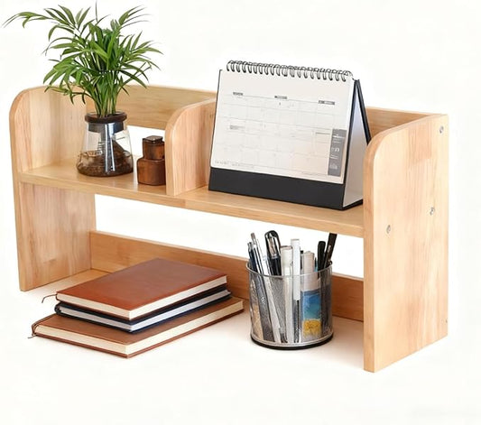 Wood Desk Hutch, Desktop Shelf Organizer with 2-Tier Multipurpose Desk Organizer for Top of Writing Desk, Wooden Book Shelf for Dorm & Office, Natural
