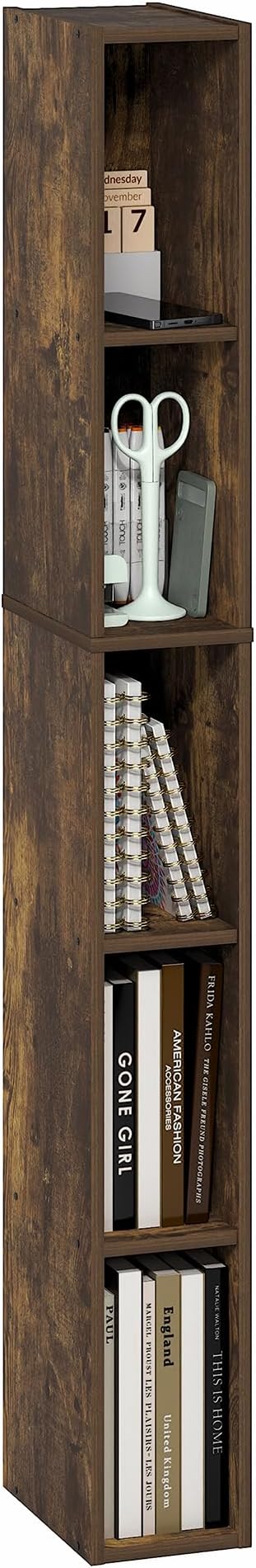 Furinno Fulda Book Shelf, 5-Tier Tall Narrow Bookshelf, Standing Bookcase with 6-in Width Storage Shelf, 9.3 x 5.9 x 51.9, for Organization Storage, for Living Room, Bedroom, Home Office, Amber Pine
