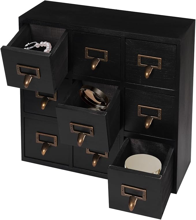 9-Drawer Wooden Desk Organizer Storage Box with Label Holders Vintage Wood Desktop Organizer, Desk Drawer Unit Collectors Box for Living Rooms, Bedrooms, Offices (Black, 1PC 9 Drawers)