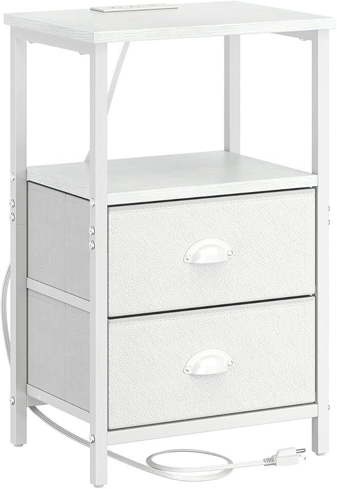 sthmec Nightstand with Charging Station, LED Night Stand with 2 Fabric Drawers PU Finish, Bedside Tables End Table with LED Light, 3-Tier Storage Side Table Nightstand with Drawers for Bedroom,White