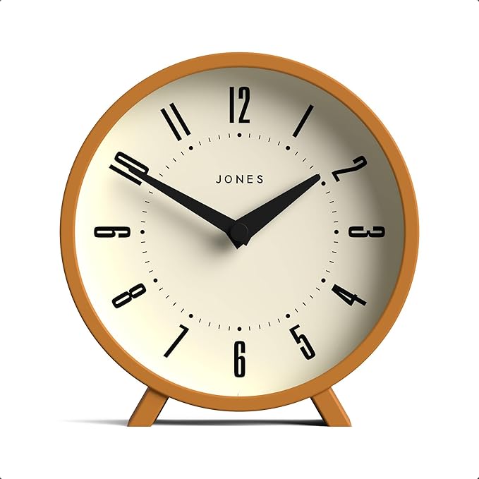JONES CLOCKS® Venus Desk Clock | Modern Round Design | Mustard Yellow | Stylish Retro Look for Shelf, Table, Mantel or Bedside
