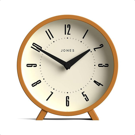 JONES CLOCKS® Venus Desk Clock | Modern Round Design | Mustard Yellow | Stylish Retro Look for Shelf, Table, Mantel or Bedside