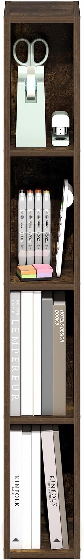 Furinno Fulda Book Shelf, 4-Tier Narrow Bookshelf, Standing Bookcase with 6-in Width Storage Shelf, 9.3 x 5.9 x 41.6, for Organization and Storage, for Living Room, Bedroom, Home Office, Amber Pine