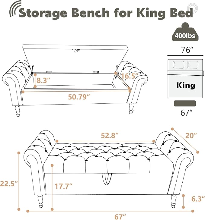 67'' Storage Bench for Bedroom End of Bed, Storage Bench for King Size Bed, Upholstered Tufted Storage Ottoman Benches with Arms for Living Room Entryway,Velvet Black