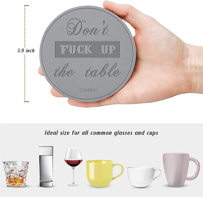 Funny Coasters, 6 Pcs Leather Coasters with Holder, Perfect Housewarming Hostess Gifts, Protect Furniture from Water Marks Scratch and Damage(6Pcs, Grey)