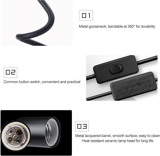 Clip on Light E26/E27 Metal Clamp Light Socket with Plug and Switch 360° Flexible Rotatable for Bedside Office Basement Reptile Plant Illumination Clip Lamp Black (No Bulb)