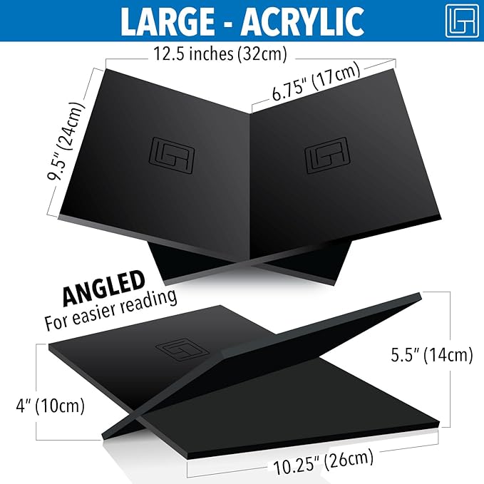 Large Black Acrylic Book Stand, 12.5" x 9.5" x 5.5”, Acrylic Book Holder, Open Bookstand for Display and Reading Cookbooks, Art Books, Bibles, Magazines - Home and Office