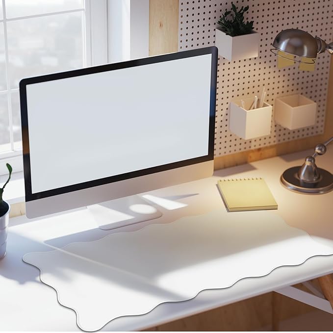 Hahafelt Scalloped Desk Mat Large Scalloped Piping Cute Desk Mat Aesthetic Preppy Table Pad Large Nonslip Pad with Edge Stitching Waterproof Gaming(White,31.5 x 15.8 Inches)