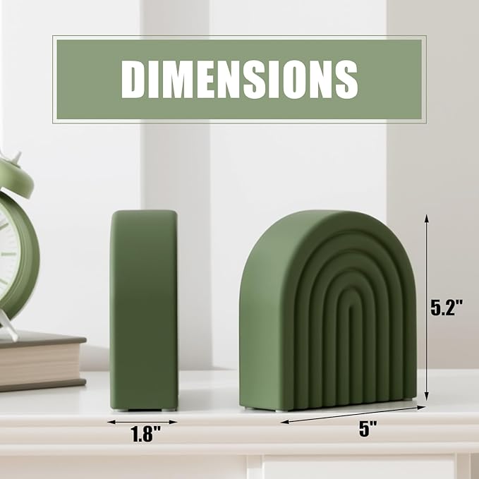 2 Pcs Boho Arch Concrete Bookends for Shelves Decorative Rainbow Book Holder Stopper with Anti Slip Pads for Heavy Books Home Office Aesthetic Library Decor(Sage Green)