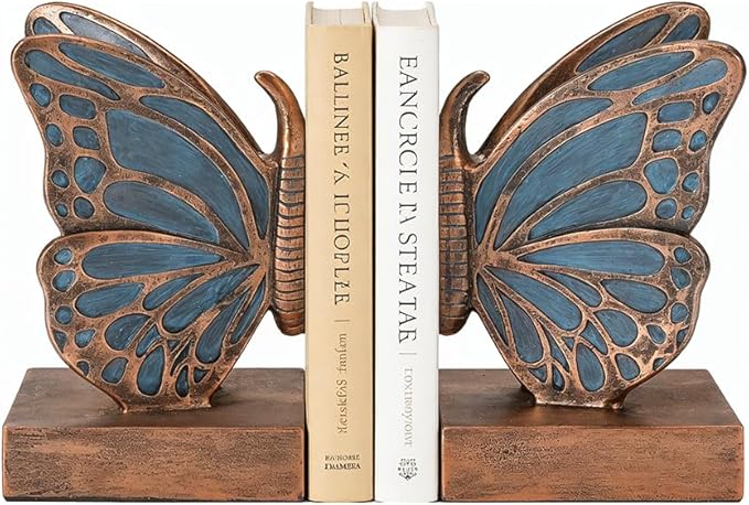Blue Butterfly Bookends - Creative Book Stopper, Vintage Heavy Duty Book Ends, Decorative Bookends for Heavy Books