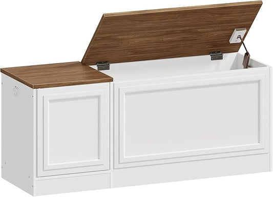 HOOBRO Storage Bench, 47.2" Wooden Toy Box, Toy Chest with Safety Hinge, Farmhouse-Style Storage Chest, Entryway Bench, for Living Room, Bedroom, Hallway, White and Walnut WH54CW01