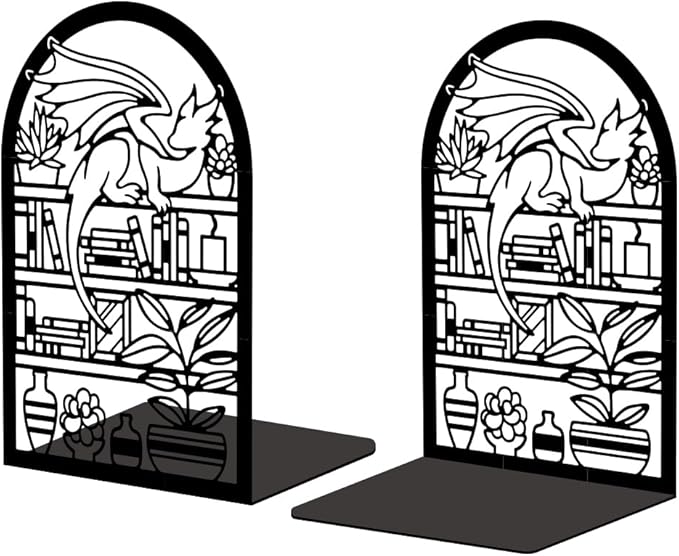 Peacoblue Metal Bookends for Shelves, Modern Decorative Heavy Duty Study Book Support Stoppers for Office, Desk, Shelf, Room 5.3"x4.3"x7.9" Cast Iron Bookends, 1 Pair (Cartoon Dragon and Bookcase)
